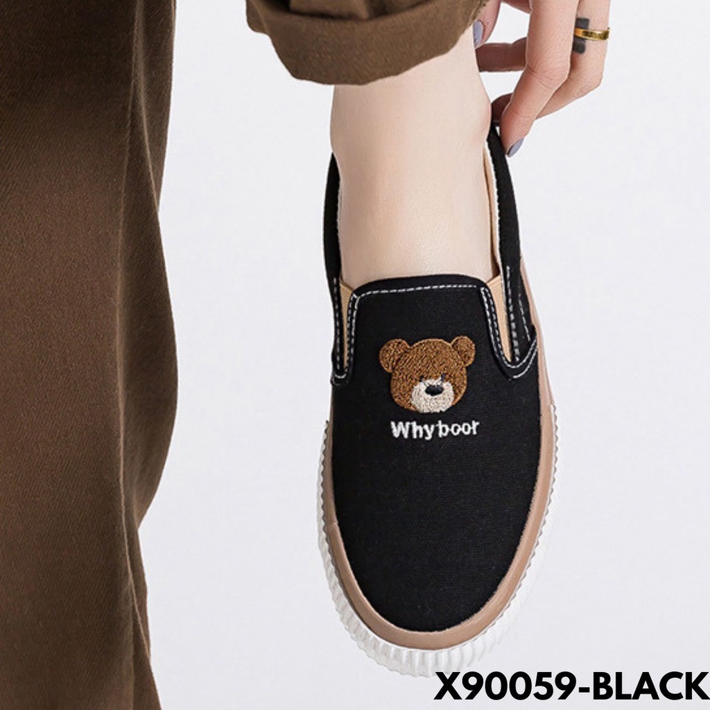 SEPATU LOAFERS WANITA KEKINIAN MOTIF BERUANG POPULER IMUT KESAN KEREN BAHAN CANVAS IMPORT 90059