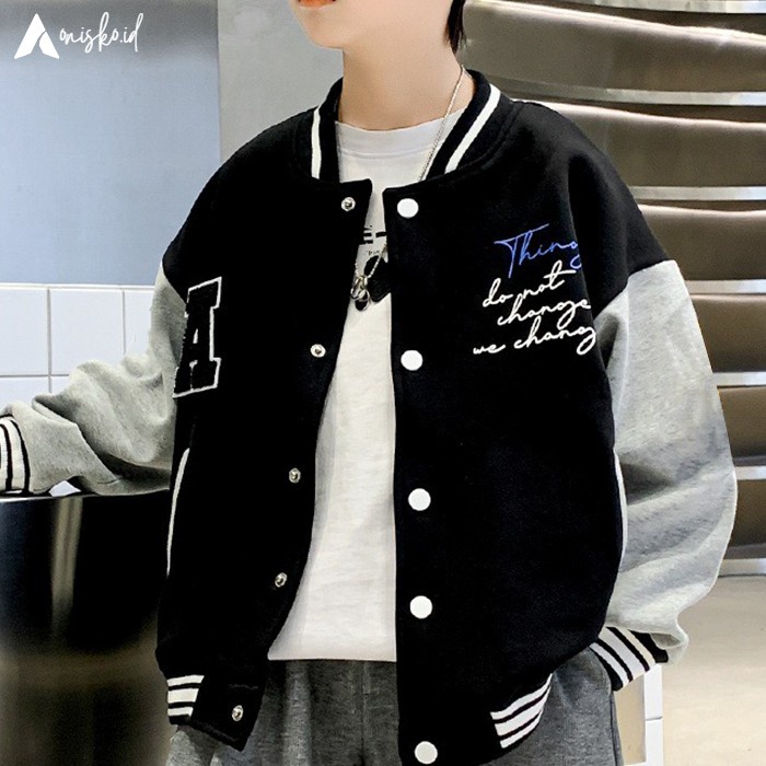 Jaket Varsity Anak Original Distro Model Baseball Umur 3 4 5 6 7 8 9 10 11 12 13 14 15 16 Tahun Abu 