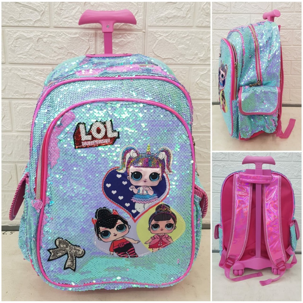 Tas Sekolah Troli Anak SD Motif Sequin Tas Koper Dorong Anak Perempuan Import LOL dan Unicorn SD