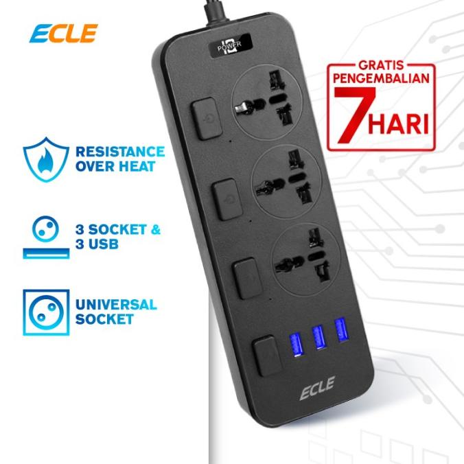 ECLE Power Strip Stop Kontak 3 Power Socket 3 Smart USB Port