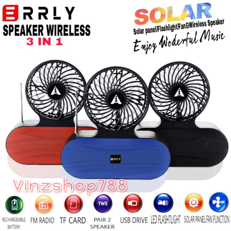 Speaker Bluetooth Solar Kipas Angin ERRLY AL-138 Speaker 3in1 Wireless Portable AL138 Speaker Radio Bluetooth + FAN FUNCTION  Dengan Panel Surya Charger Matahari