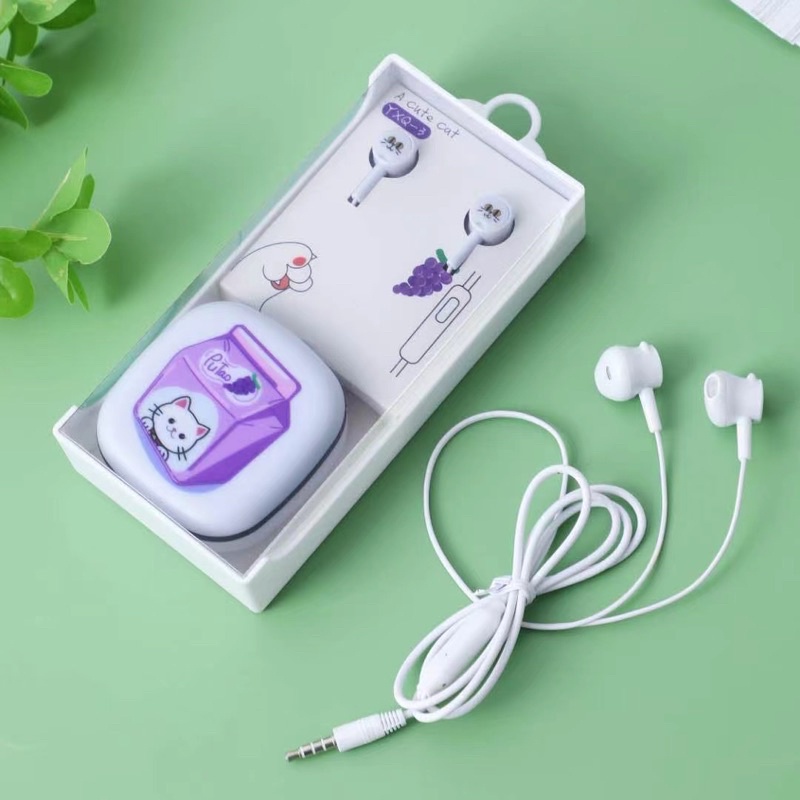 [YXQ-3] Set Headset Earphone karakter l CAT STYLE animasi/ + Wadah penyimpanan Earphone Motif