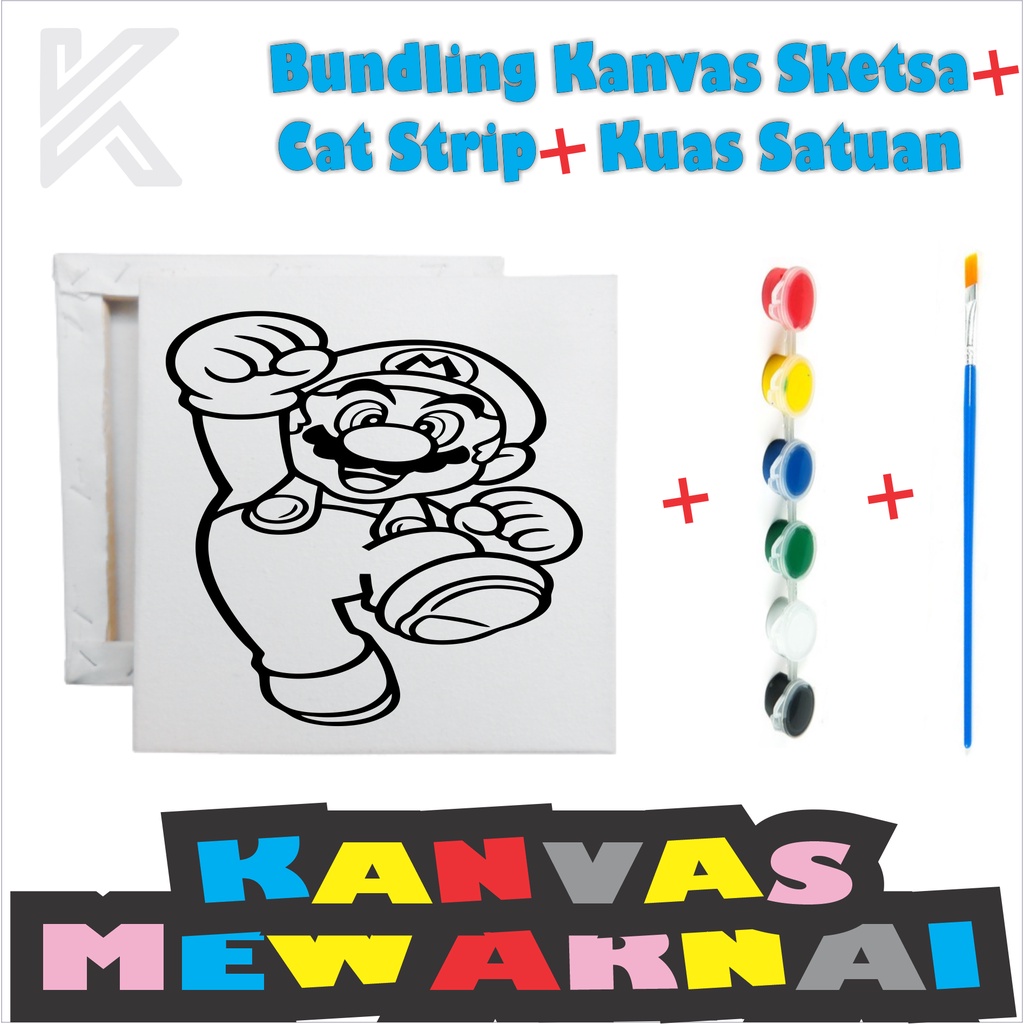 

BUNDLING Kanvas Sketsa SUPER MARIO 10x10 cm + Cat Strip 6 warna + Kuas Satuan