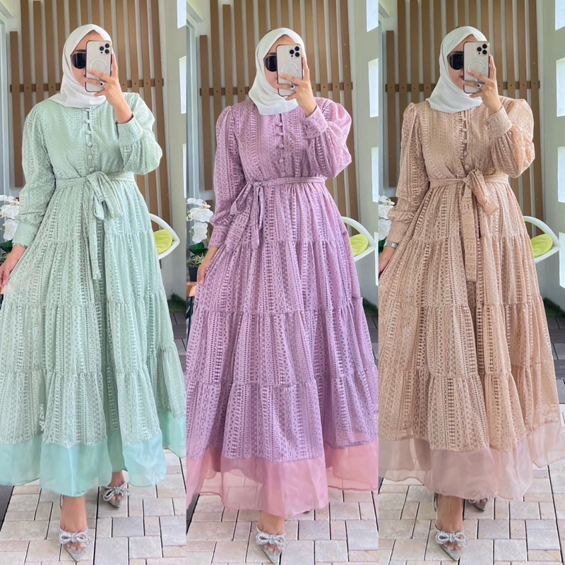 Liona Brukat Organza Dress Jumbo Ld 105/Dress Kondangan Sage/Gamis Brukat Pesta/Gamis Seragaman/Gamis Remaja