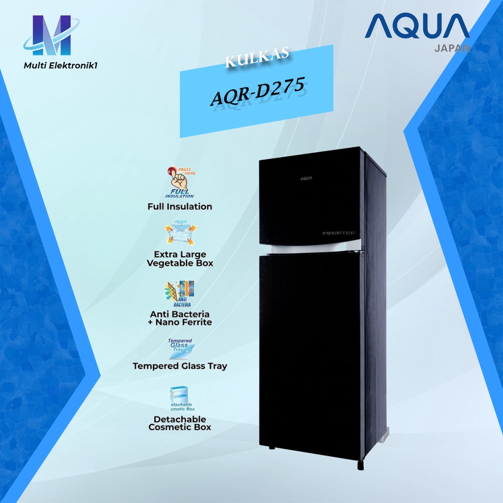 Kulkas 2 Pintu Aqua AQR 275 R Inverter 220 L GlassDoor Low Watt Garansi 12 TH