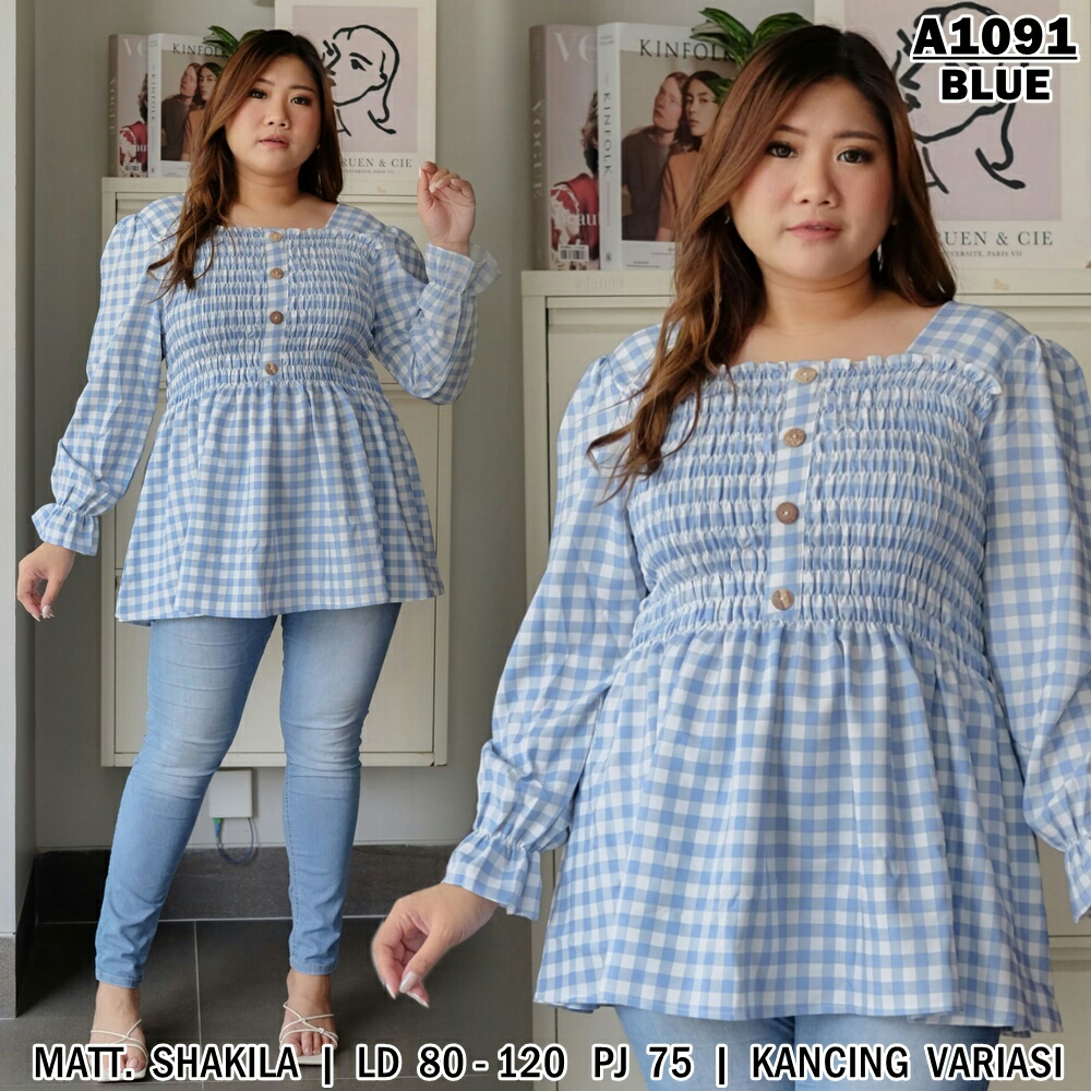 Baju Bigsize - LD Fit 120 3XL Baju Atasan Blouse Big Size Jumbo Wanita Murah Shakila Kotak-kotak Kan
