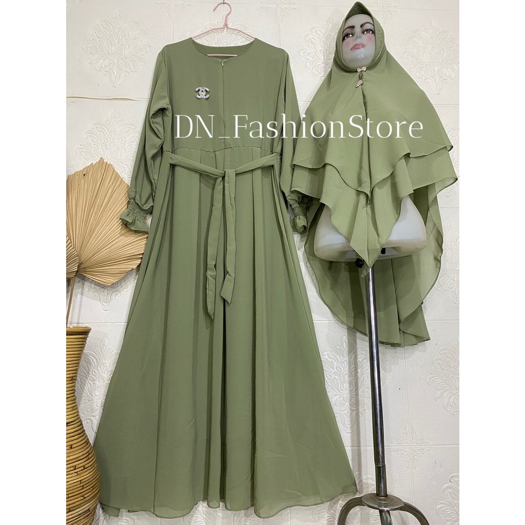 Gamis Ceruty Babydoll Polos Set Jilbab Free Bros Bahu / Tangan karet Busui Friendly