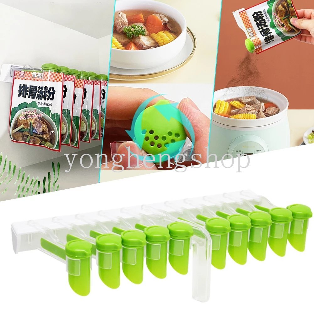Tempat Kantong Bumbu Tempel Dinding Tempat Bumbu Klip Penyegel Bumbu Bebas Pukulan Rak Penyimpanan Bumbu Dengan Cerorot Gantung Dispenser Bumbu Dapur Organizer