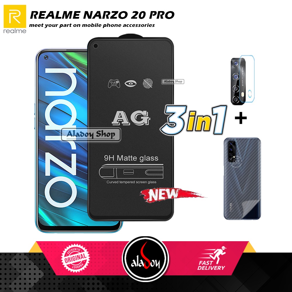 Paket 3IN1 Tempered Glass Layar Matte Anti Glare Realme Narzo 20 Pro Free Tempered Glass Camera dan Skin Carbon