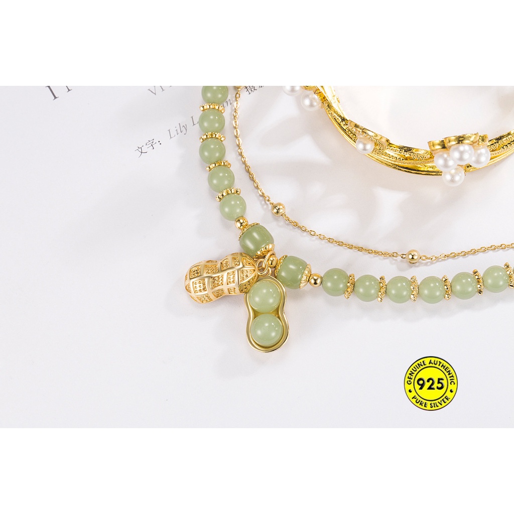 Gelang Batu Giok Hetian Double Layer Kacang Emas 18K Untuk Wanita U1482