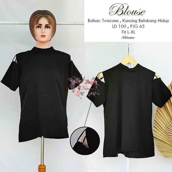 Blouse Lengan pendek Gaya Korea Wanita Model Bahu Terbuka Top Wanita Kekinian Hitam Cold Shoulder High Neck