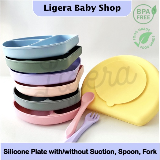 LIGERA Premium SET Suction Plate Silicone Makan Piring Sekat Anti Tumpah Sendok Garpu Bayi Anak