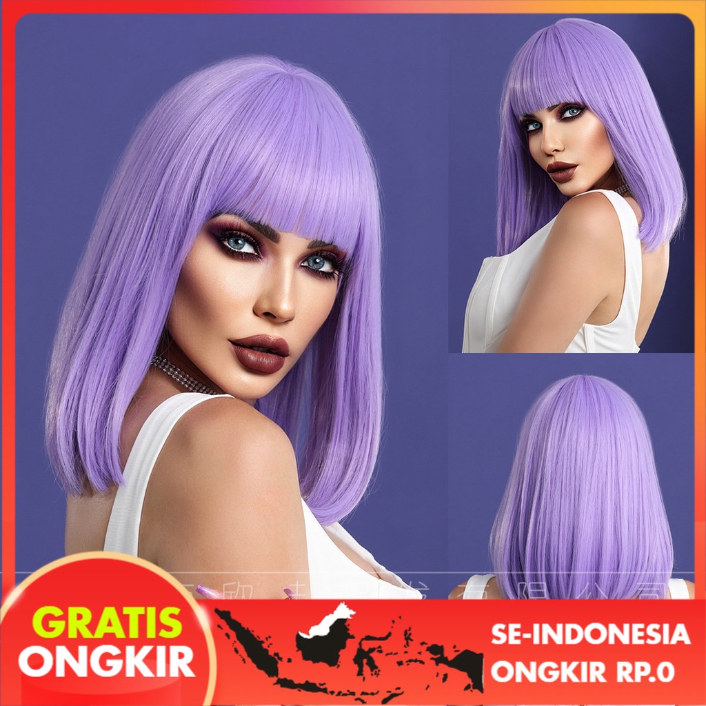 Wig Wanita Ungu Wig Rambut Pendek 14-Inch   Wig Ungu Poni Rambut Pendek Wig Lembut
