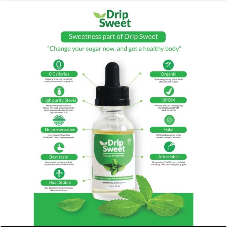 Drip Sweet 30ml | Stevia Tetes | Natural Sweetener | BPOM Resmi | Stevia