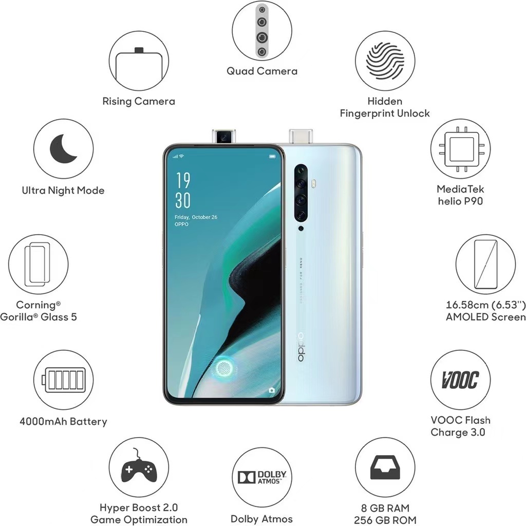 HP OPPO Reno2 Z RAM 8/256GB 16MP depan 48MP Kamera Belakang Layar 6.53 inci Baru Garansi 1 Tahun