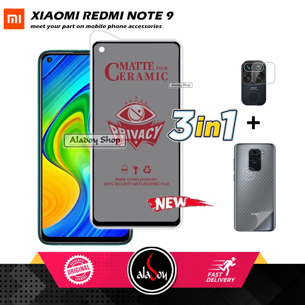 Tempered Glass Anti SPY Xiaomi Redmi Note 9 Anti Gores Privacy + Tempered Glass kamera dan Skin Carbon