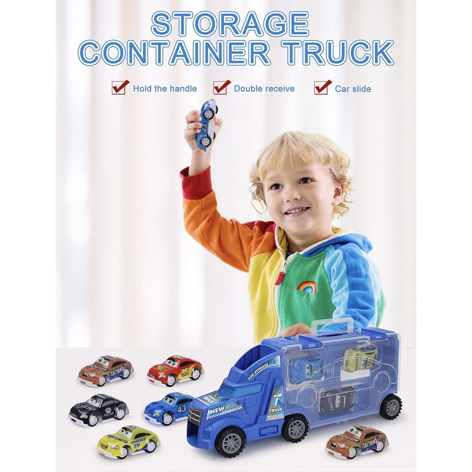 Mainan Anak Truk Slide Storage Container Truck Isi 6 Mobil Pullback