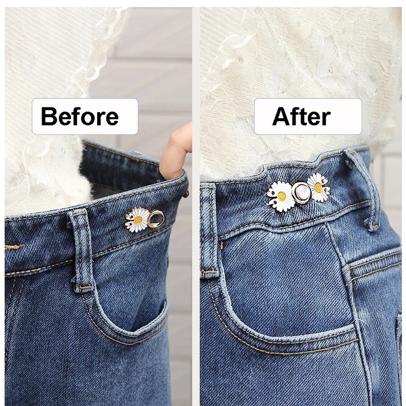 Diy Tombol Jahit Tak Terlihat Adjustable Jeans Pinggang Tombol Ditarik Dilepas Mode Pola Daisy Penyesuaian Pinggang Klip Logam