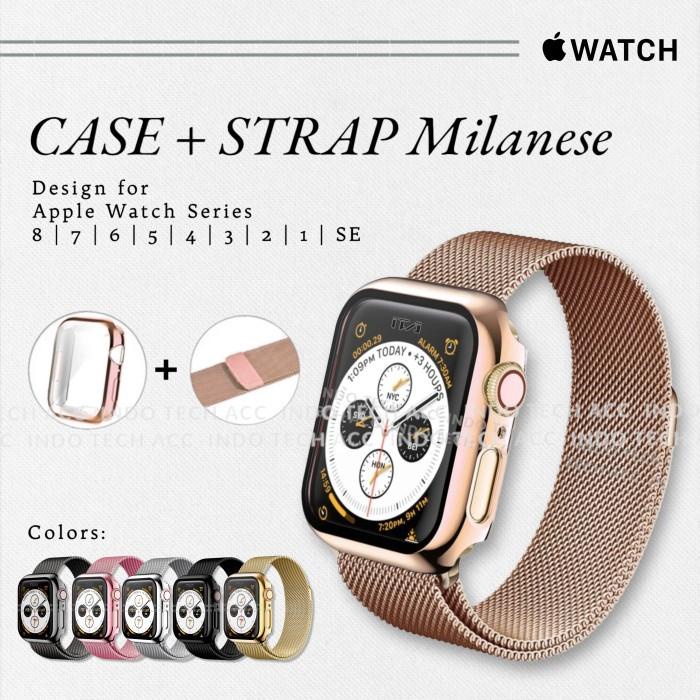 Soft Case + Strap Stainless Milanese Apple Watch Series 9 / 8 / 7 / 6 / 5 / 4 / 3 / 2 / 1 / SE1 / SE2, Size 45 mm / 44mm / 42mm / 41mm / 40mm / 38mm - 1 Set Bumber dan Tali Jam - Frame Jam - Silicone - Tali Jam Stainless