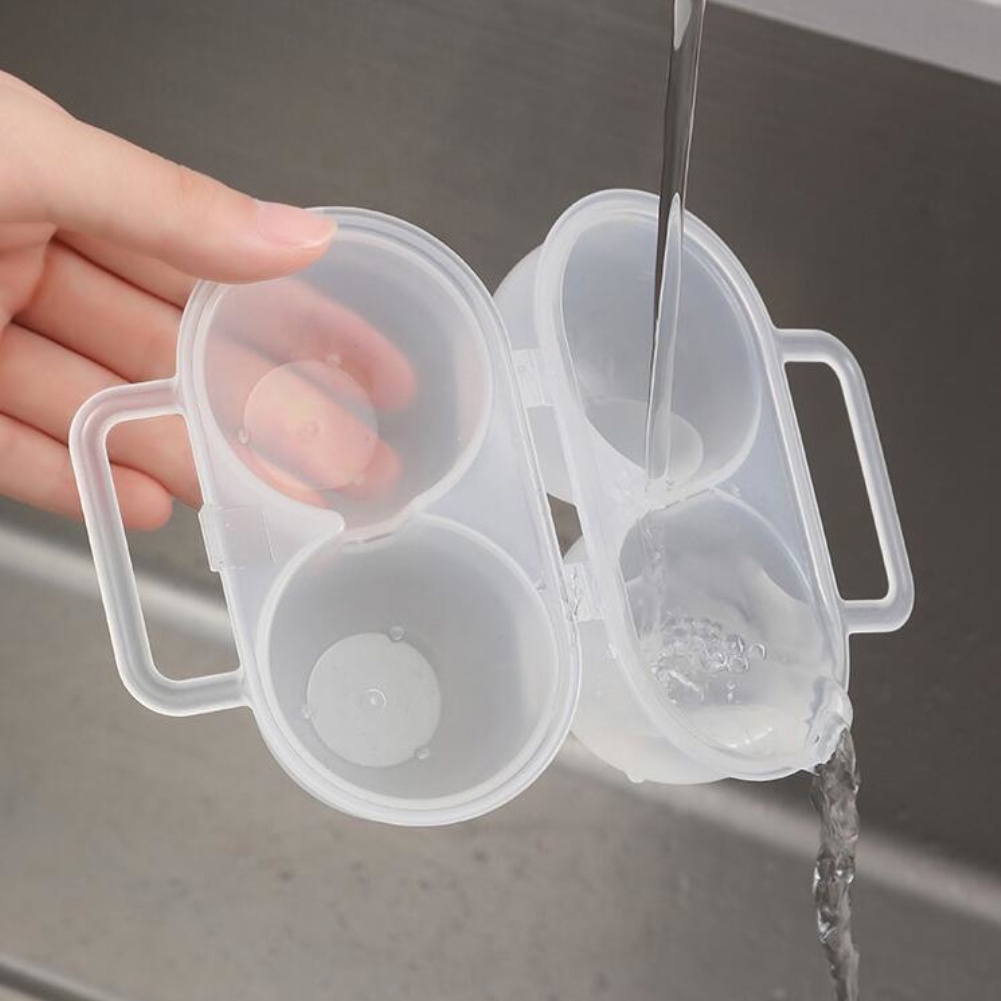 ღ Kotak Penyimpanan Telur Portabel 2 Kisi Wadah Penyimpanan Telur Plastik Tahan Lama Menghemat Ruang Kulkas Dispenser Telur Dengan Pegangan Tetap