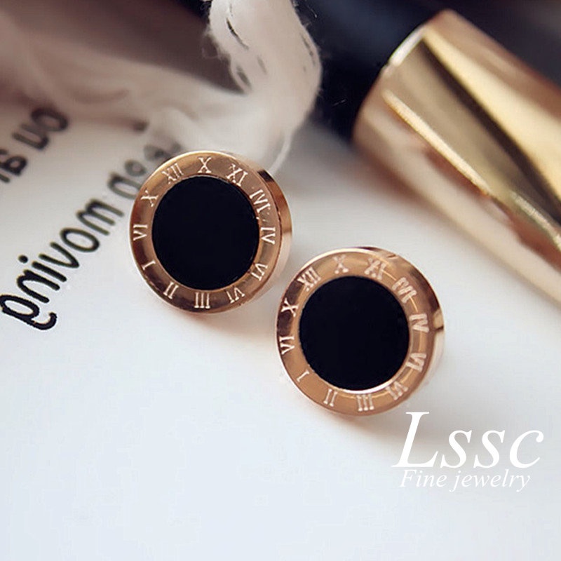 Anting Titanium Anti Karat Bulat Hitam Anting Tusuk Emas 18K Aksesoris Wanita Korea Fashion