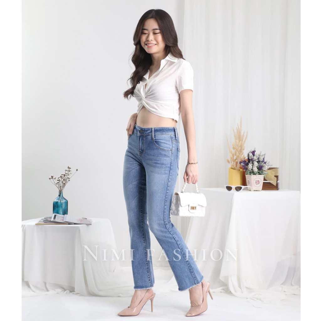 NIMI - Celana Jeans Cutbray Wanita Celana Jeans Stretch Highwaist Norine Snow