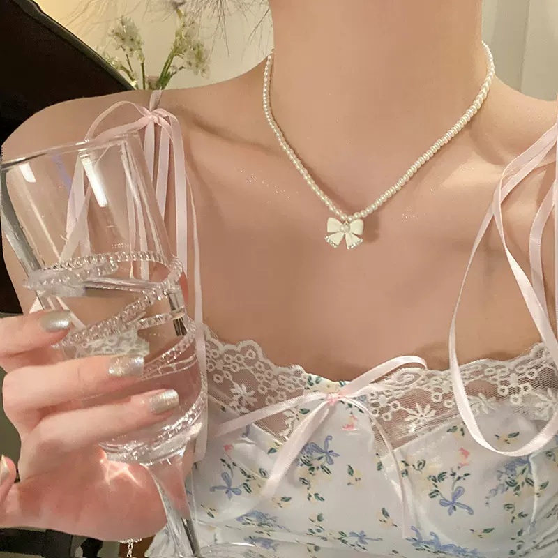 Papaozhu Korea Busur Liontin Mutiara Manik-Manik Choker Kalung Untuk Wanita Gadis Indah Ikatan Simpul Tulang Selangka Rantai Kalung Perhiasan Hadiah
