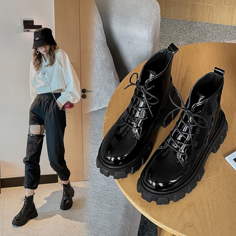 Sepatu Ankle Boots Wanita Cewek Import Korea Bot Martin Tali Kulit Paten Sol Karet Murah Hitam Black Platform Booties - Ukuran 35 36 37 38 39 40