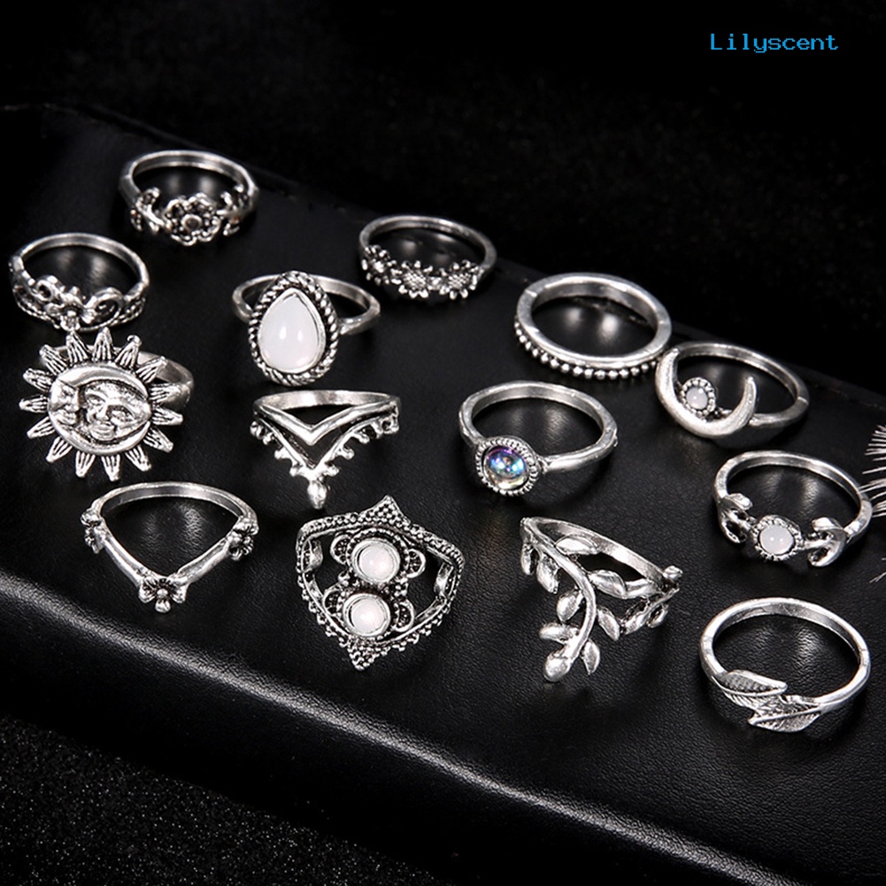 [LS] 14 Pcs Vintage Bunga Matahari Bulan Jari Midi Knuckle Rings Set Wanita Pesta Perhiasan