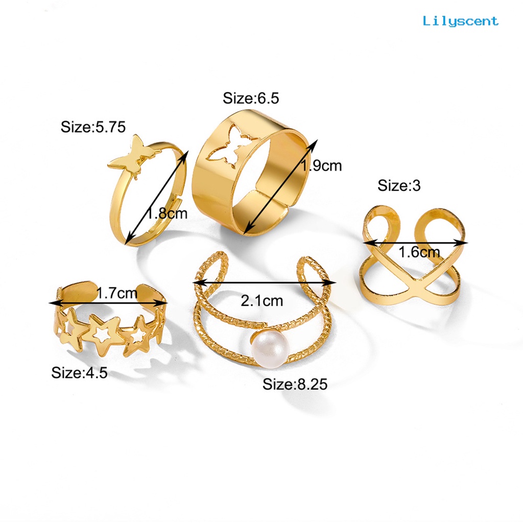 [LS]5Pcs Cincin Jari Melubangi Bintang Kupu-Kupu Perhiasan Vintage Stackable Rings Untuk Pakaian Sehari-Hari