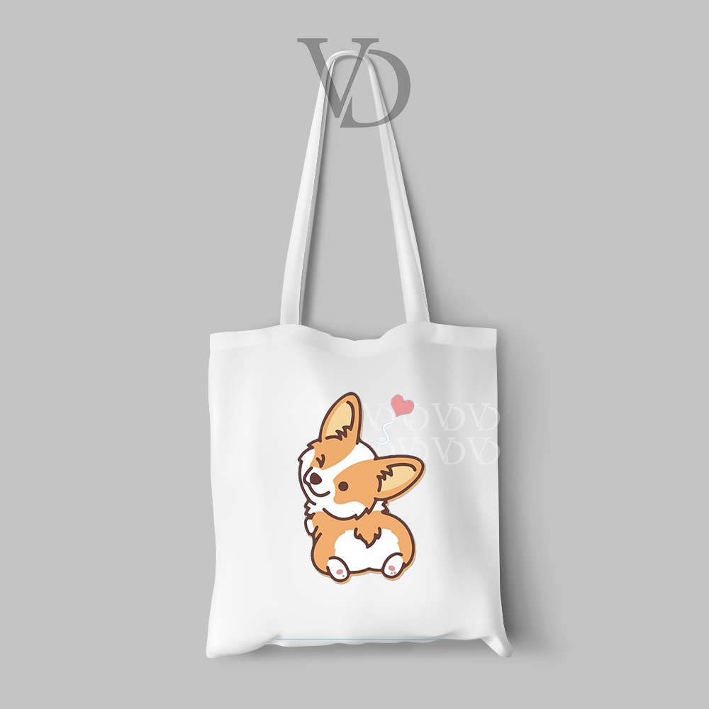 tote bag kanvas motif anjing corgy / totebag / tas belanja corgy cute