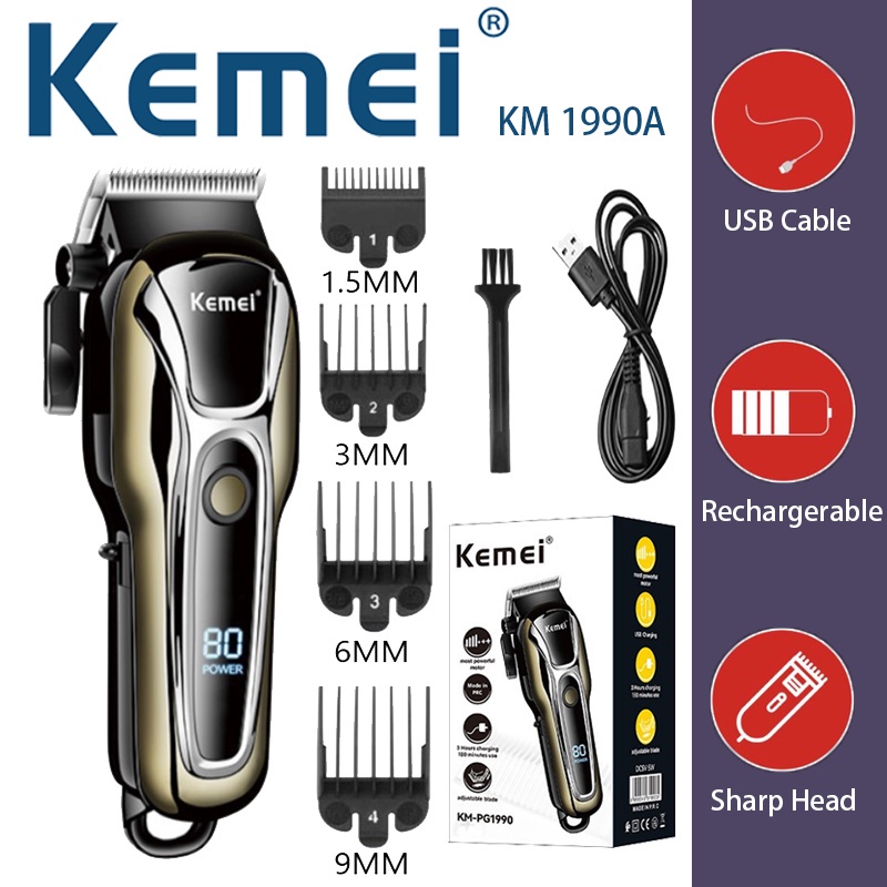 ORIGINAL KEMEI KM-1990 Pemotong Rambut Elektrik Dapat di Charge+Brush Pembersih+4Sisir+Sisir+Adaptor