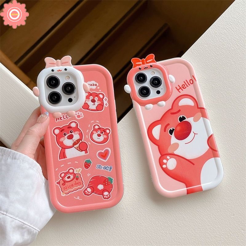 Kartun Strawberry Bear Manyo Case Realme C15 C30 C3 C12 C11 C31 C21 C20 C21Y C35 C33 C25 C25Y C25s 9i 9Pro+9 7i 8 7 5s 8Pro 5i 6i 5 C17 C2 3D Bow Little Monster Lens Lembut Sarung Cover Sarung