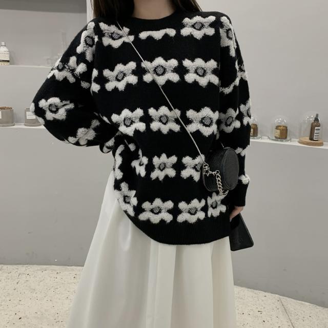 Suhao Malas Angin Bunga Pullover Sweater Wanita Musim Gugur Setelan Jas Longgar Fashion All-Match Sweater Lengan Panjang top Trendi