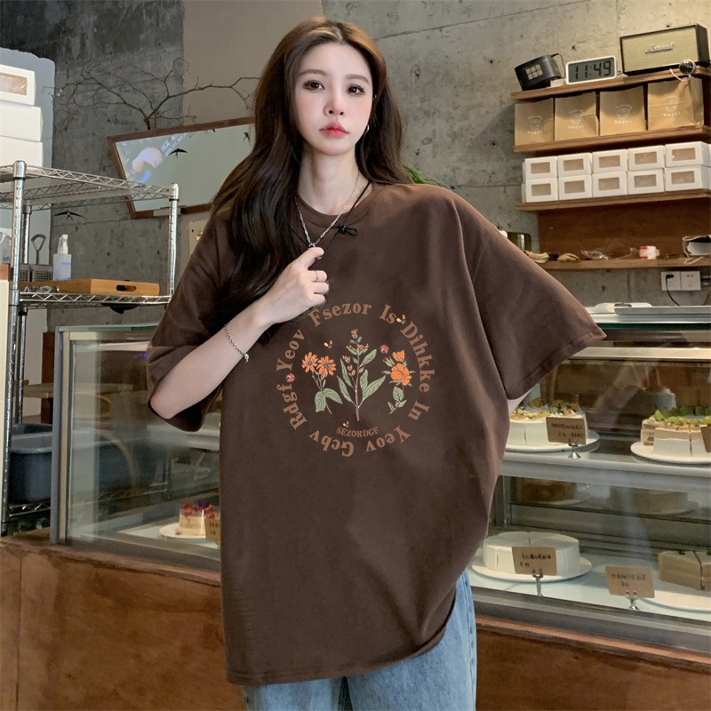 American Vintage Flower Pattern printing Overszie T-shirt baju kaos wanita/kaos puith/baju kaos wanita lengan pendek