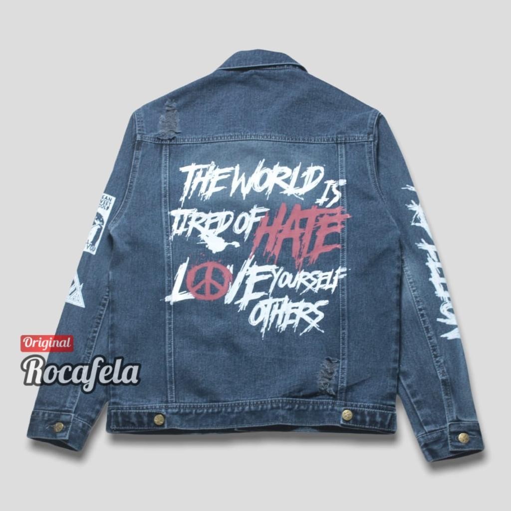 ROCAFELA Jaket Jeans Denim Grafity / Jaket Denim Coret / Jaket Jeans Sobek-Sobek