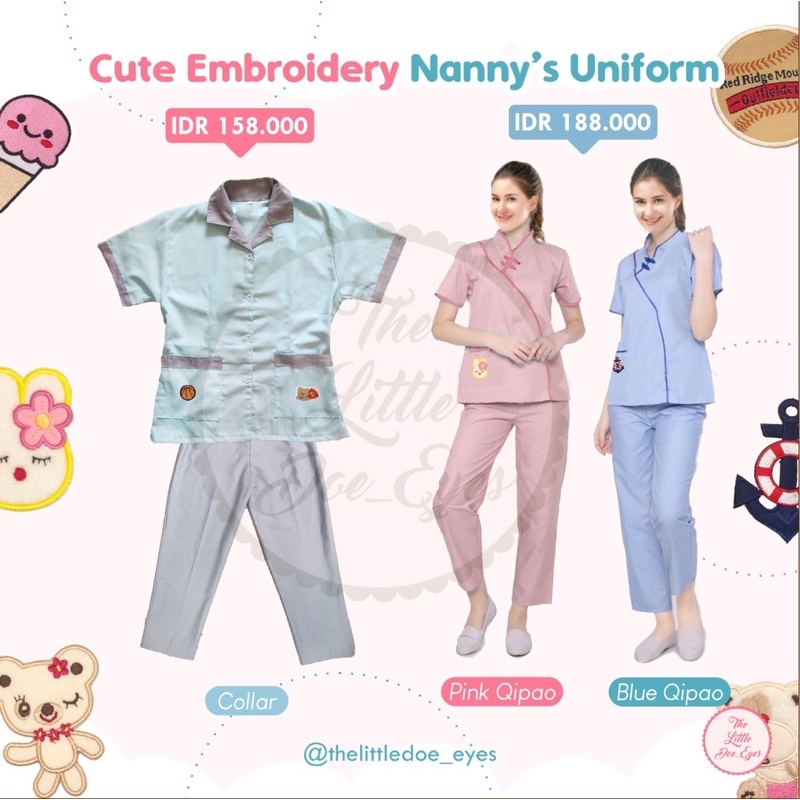 Cute Embroidery Nanny's Uniform Baju Seragam Nanny Suster Baby Sitter Bordir