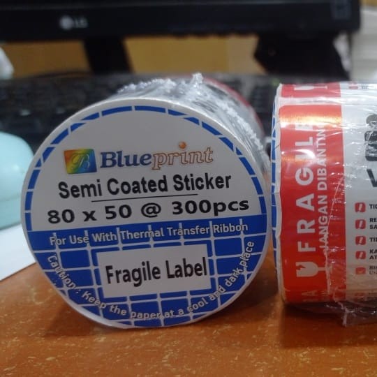 FRAGILE Sticker label Barcode 80x50 Semi Coated BLUEPRINT isi 300Pcs