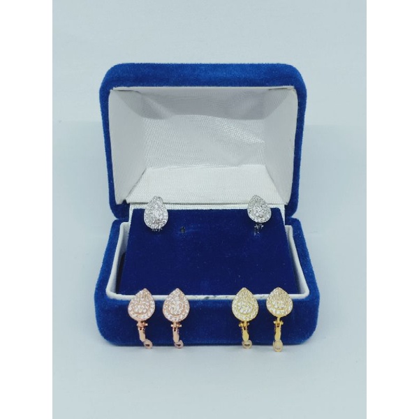 anting jepit tears mata putih perak asli silver 925 lapis emas- perhiasan anting perak asli berlapis emas