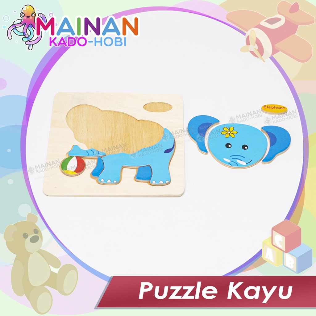 MAINAN ANAK MENGASAH OTAK PUZZLE KAYU JIGSAW PUZZLE KARAKTER ELEPHANT GAJAH