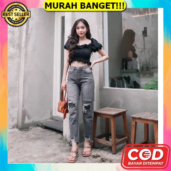 Celana Jeans Wanita Highwaist Stretch / Jeans Split Biru Fwr - Celana Boyfriend Jeans Grey Ripped Fu