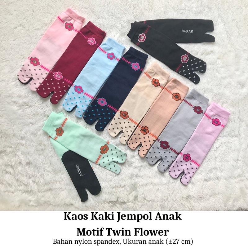 12 Pasang Kaos Kaki Jempol Nylon Anak Motif Twin Flower