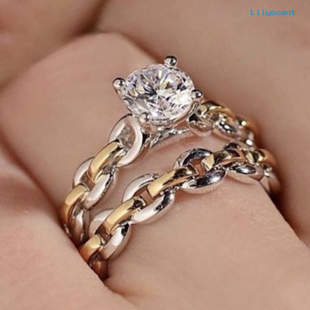 [LS]2Pcs /Set Rantai Permukaan Halus Pernikahan Band Alloy Two-tone Berlian Imitasi Wanita Rings Charm Jewelry