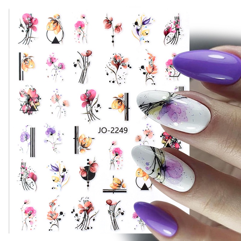 3d Stiker Kuku Bersinar Glitter Cat Air Ungu Bunga Splash Dot Garis Decals Manicure DIY Musim Semi Nail Art Dekorasi