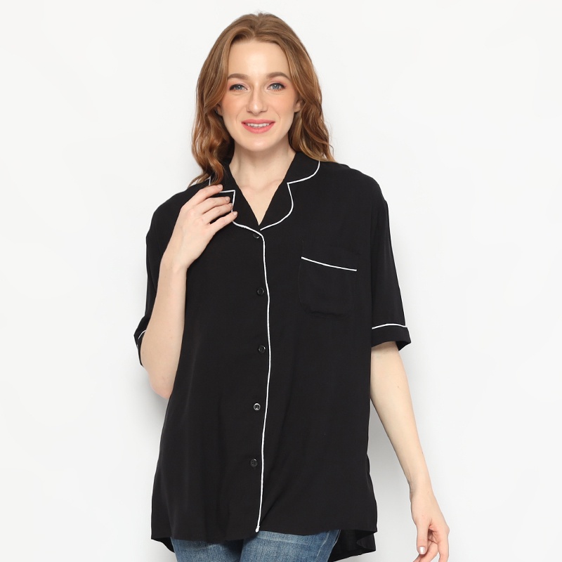 duapola Kemeja Katun Rayon Piyama List Putih 7892K