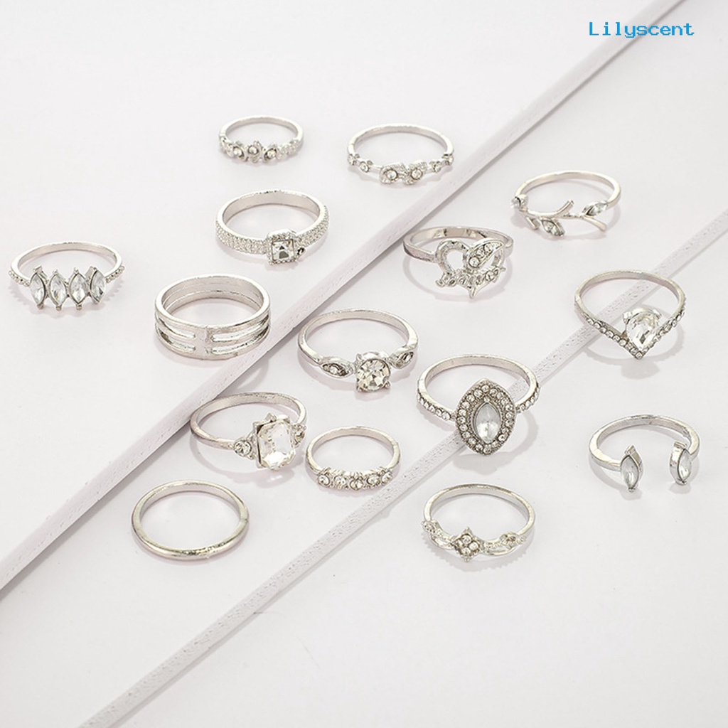 [LS] 15pcs/set Cincin Fashion Kerajinan Tangan Geometris Hati Kristal Imitasi Perhiasan Ring Untuk Pesta