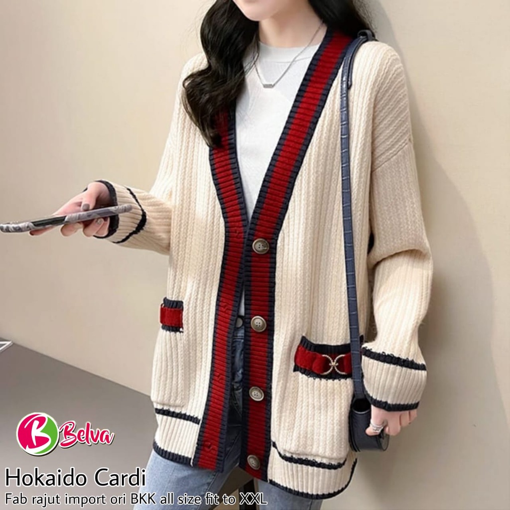 Hokkaido Cardi Belva Sweater Cardigan Wanita Bahan Rajut Import Size Jumbo