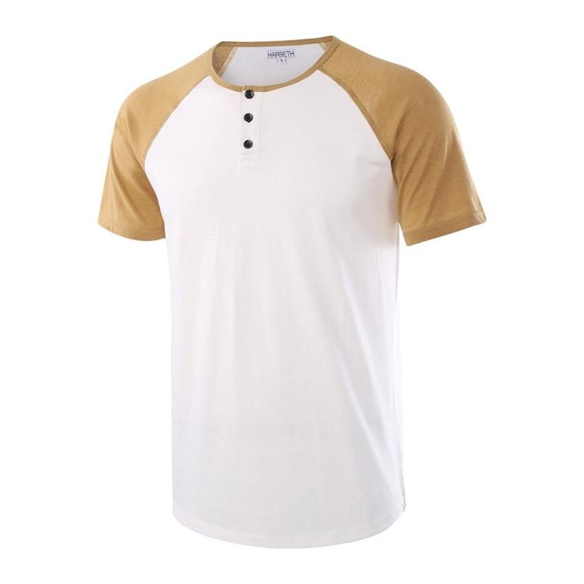 kaos pria lengan pendek model raglan kombinasi warna memiliki kancing  di depan