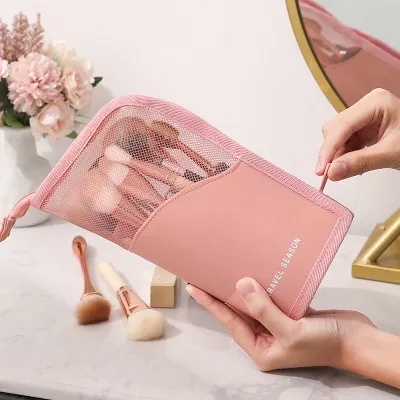 SG1 Mesh Pouch / Tas Make Up Portable Organizer Alat Kosmetik / Skincare / Kuas Wajah Mudah Dibawa Travel Dapat Dilipat Tahan Air Praktis Elegan Premium Travel Stand Bag Organizer