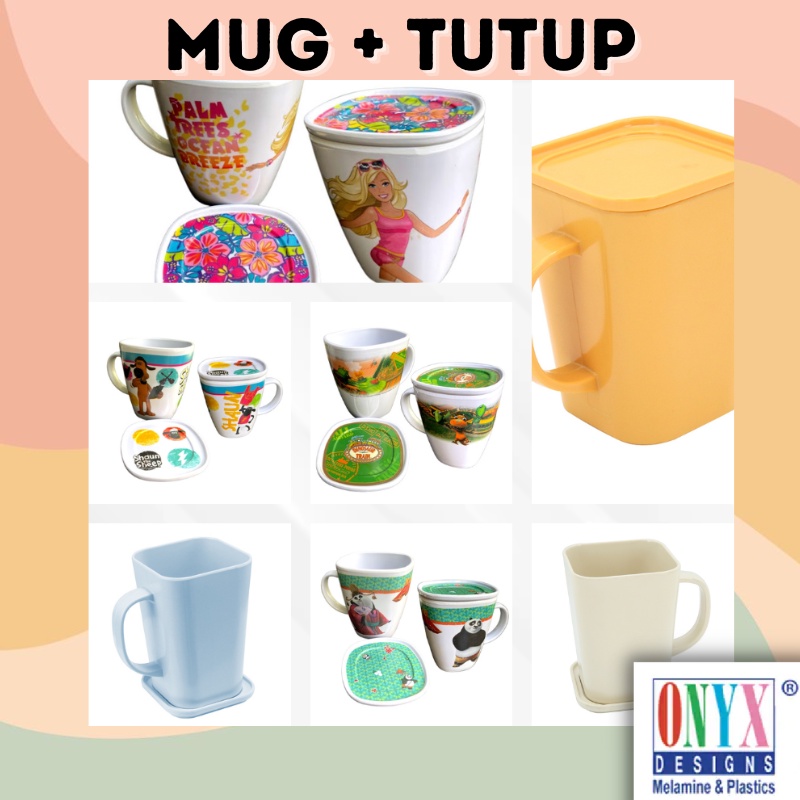Gelas - Cangkir Mug Kotak Bahan Melamin + Tutup 320 ML - 340 ML - Polos - Motif Karakter - Printing